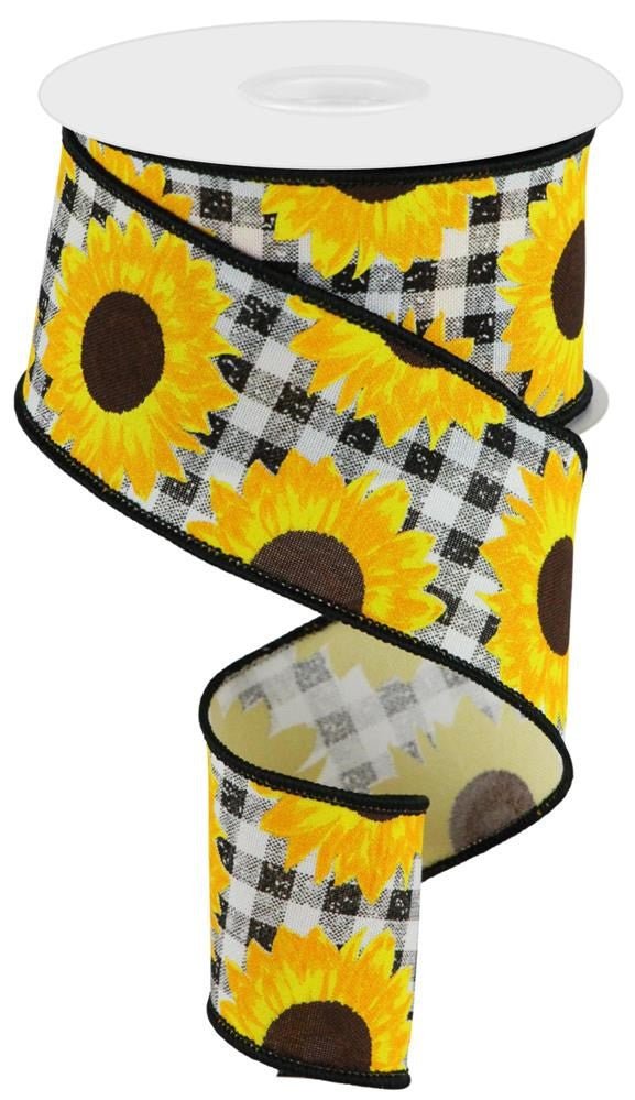 2.5" Sunflower Ribbon: Blk/Wht Check - 10yds - RGC171202 - The Wreath Shop