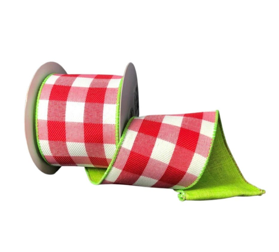 2.5" Two Sided Red/Wht Buff Plaid/Lime Grn Ribbon - 41146-40-29 - The Wreath Shop