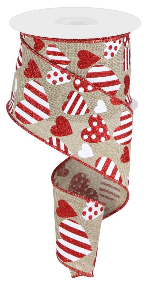 2.5" Valentine Pattern Hearts Ribbon: Beige/Red/Wht - 10yds - RGC183901 - The Wreath Shop