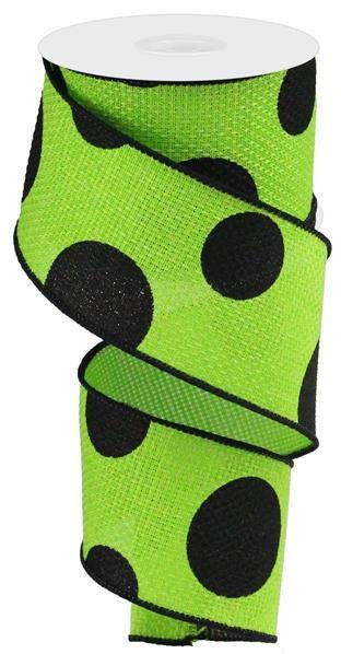 2.5" x 10yd Faux Burlap Giant Dot Ribbon: Lime Green/Black - RG0186233 - The Wreath Shop