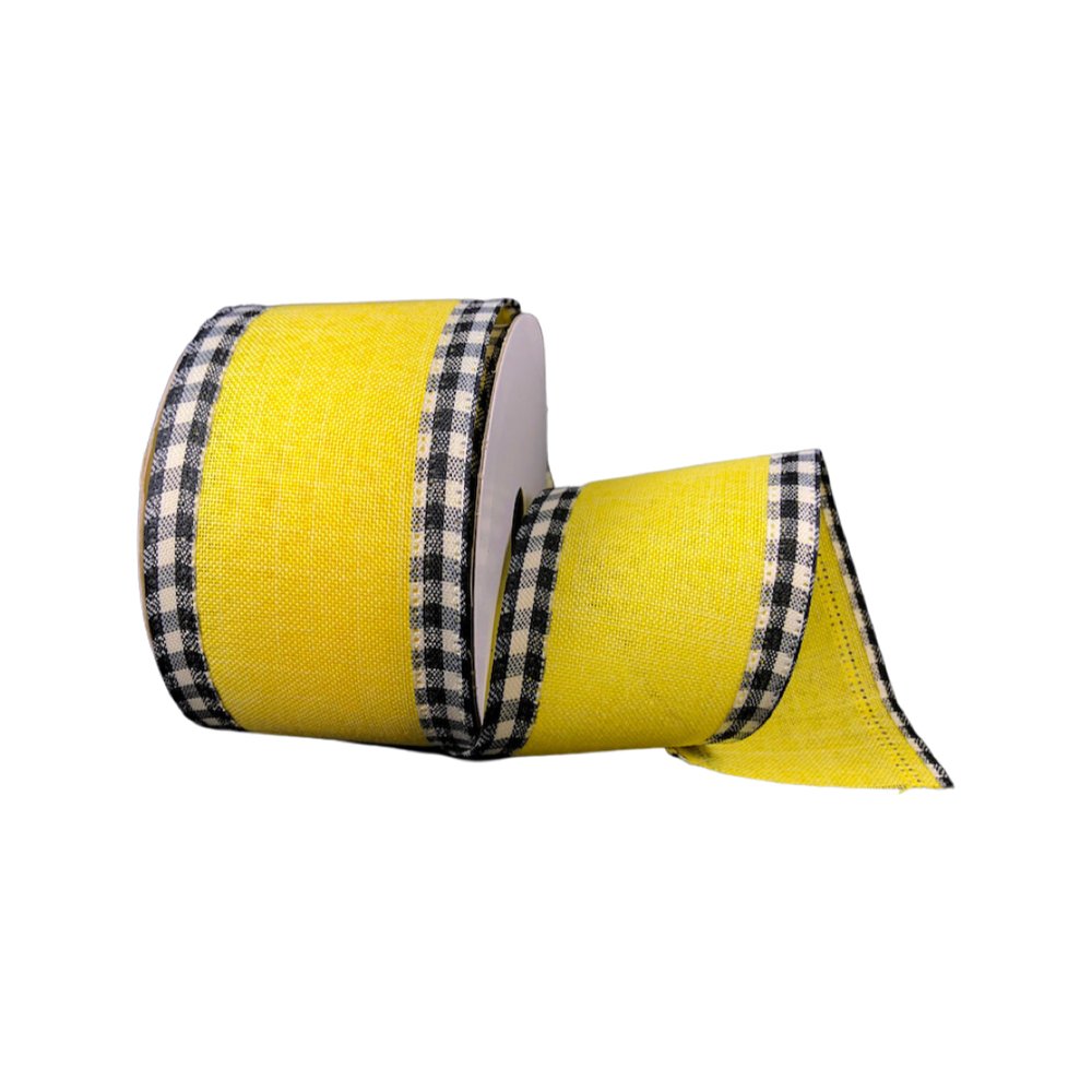 2.5" Yellow Linen Black/Wht Gingham Edge Ribbon - 10yds - 45216-40-02 - The Wreath Shop