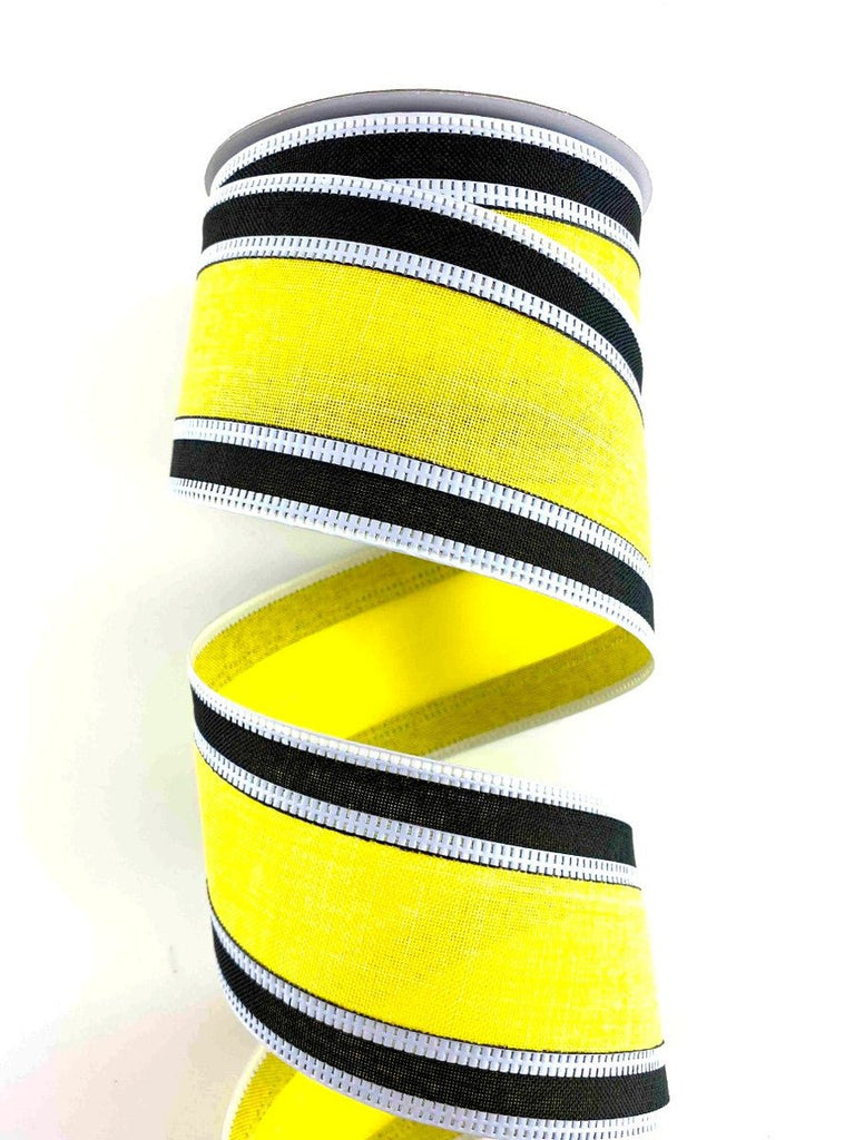 2.5" Yellow/Black Stripe Ribbon Wht Edge - 10yds - 45017-40-22 - The Wreath Shop