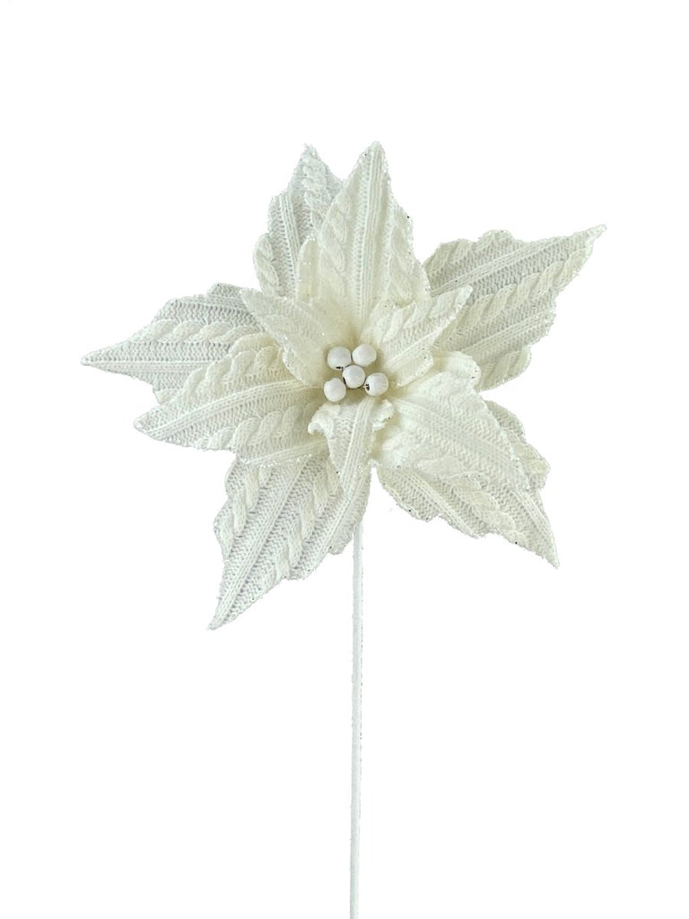 28" White Knit Poinsettia Stem - 85636WT - The Wreath Shop
