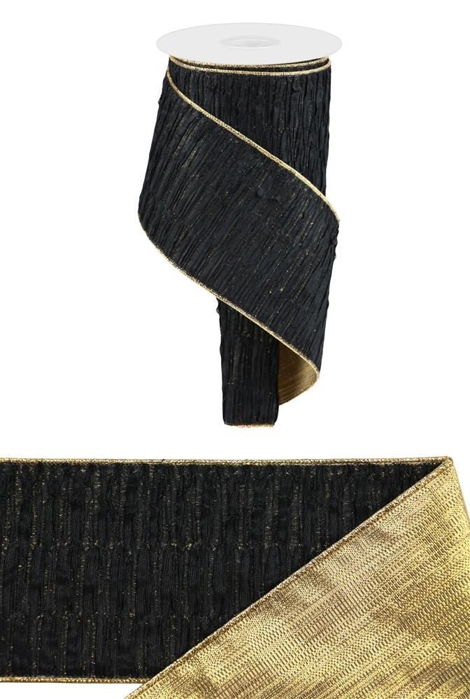 4" Black Chenille Stripe/Gold Back Ribbon - 10yds - RN584002 - The Wreath Shop