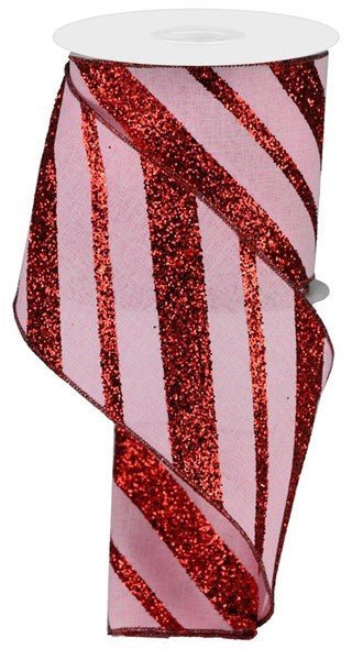 4" Diagonal Glitter Stripe Ribbon: Pink/Red - 10yds - RGA150415 - The Wreath Shop