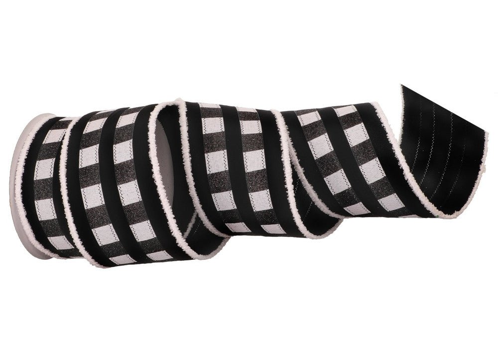4" Fur Edge Check Stripe Velvet Ribbon - Black - MTX67892 BKWH - The Wreath Shop