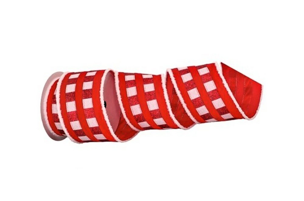 4" Fur Edge Check Stripe Velvet Ribbon - Red - MTX67892 RDWH - The Wreath Shop