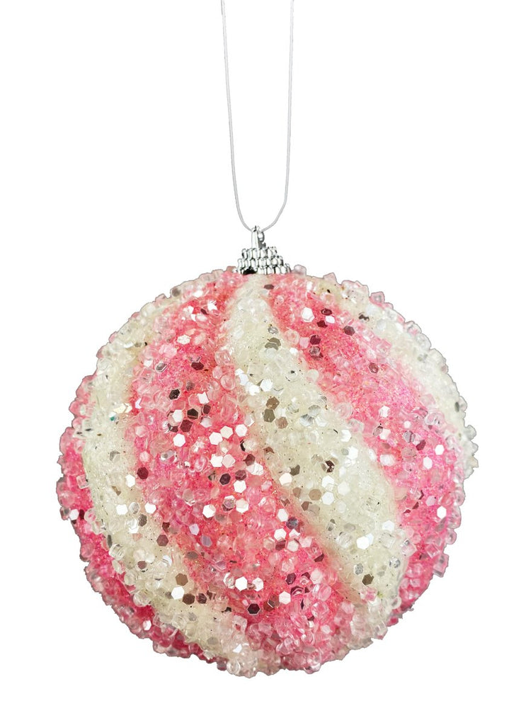 4" Icy Ball Ornament: Pink/Wht - 85237PKWT - The Wreath Shop