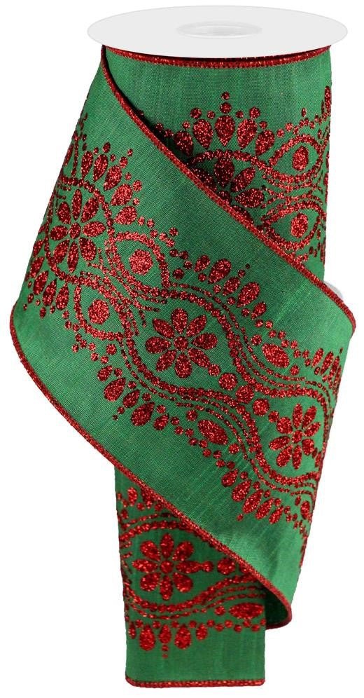 4" Luxurious Center Dupioni Ribbon: Emerald/Red - 10yds - RGB125106 - The Wreath Shop