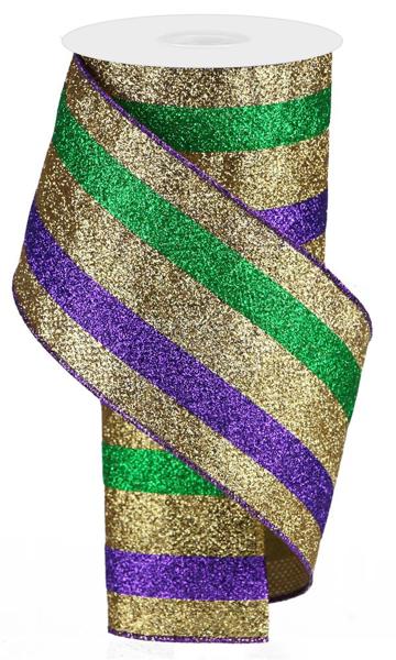 4" Vertical Glitter Stripe Ribbon: Purple/Green/Gold - 10yds - RG08034WY - The Wreath Shop