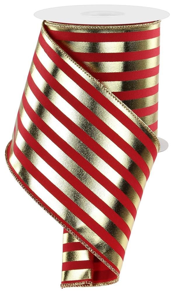4" Vertical Metallic Stripe Ribbon: Red/Gold - 10yds - RGE143036 - The Wreath Shop