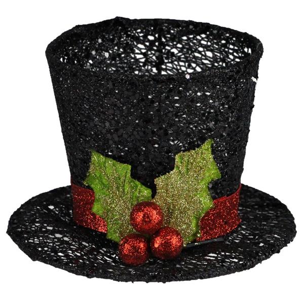4.5" Glittered Holly Top Hat - XC8304 - The Wreath Shop