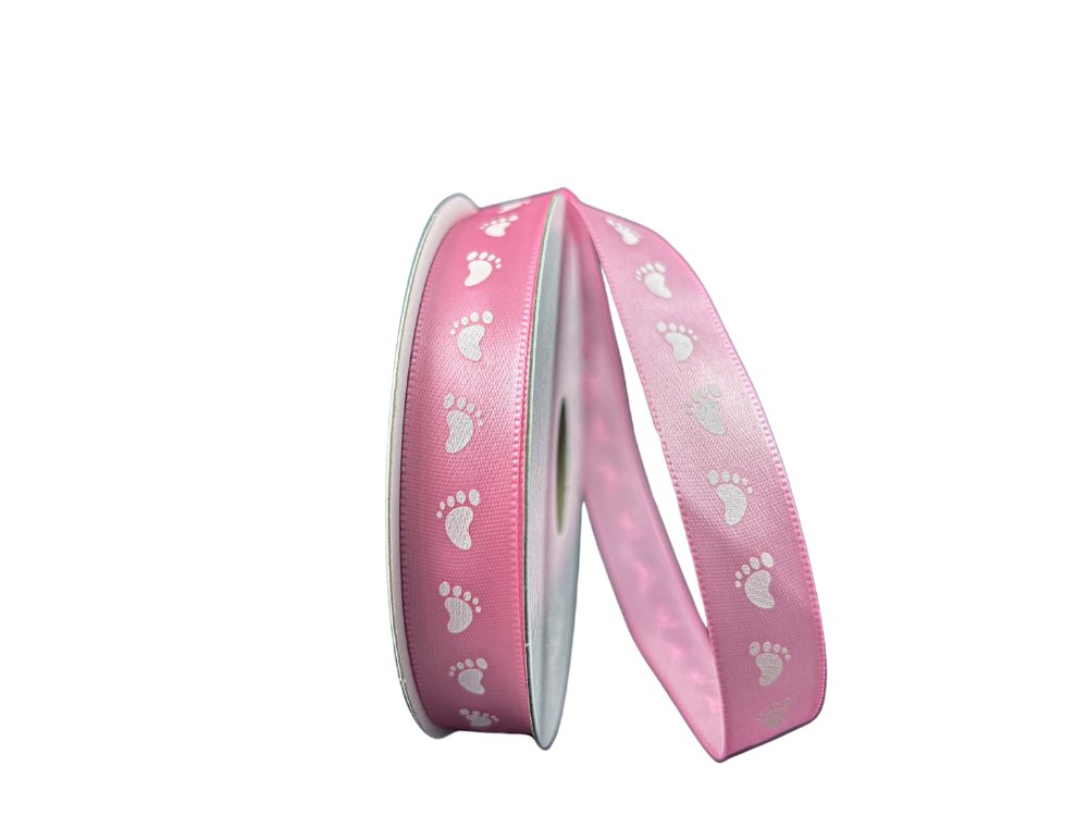 5/8" Baby Footprints Satin Ribbon: Pink - 10yds - 47462-03-03 - The Wreath Shop