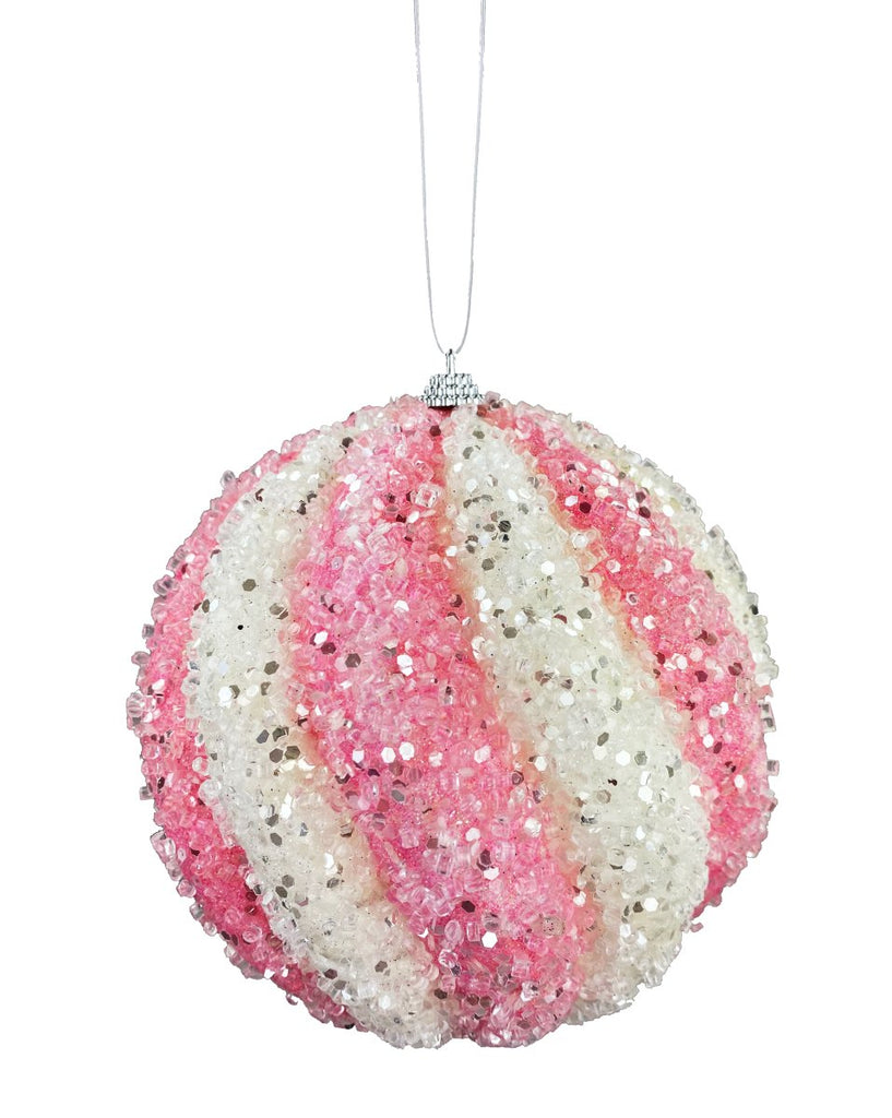 6" Icy Ball Ornament: Pink/Wht - 85238PKWT - The Wreath Shop