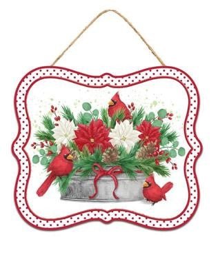 7" Christmas Cardinals Sign: Poinsettia Planter - MD1168 - Planter - The Wreath Shop