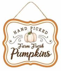 7" Metal Fall Sign: Hand Picked Pumpkins (Crm/Org/Sage) - MD1206A3 - Hand Picked - The Wreath Shop