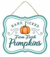 7" Metal Fall Sign: Hand Picked Pumpkins (Crm/Org/Teal) - MD1206A4 - Hand Picked - The Wreath Shop