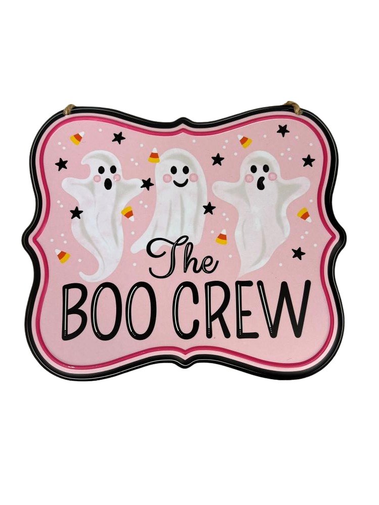 7" Metal Pink Ghost Sign: Boo Crew - MD120822 - Boo Crew - The Wreath Shop
