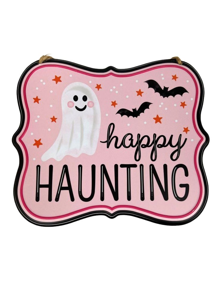 7" Metal Pink Ghost Sign: Happy Haunting - MD120822 - Haunting - The Wreath Shop