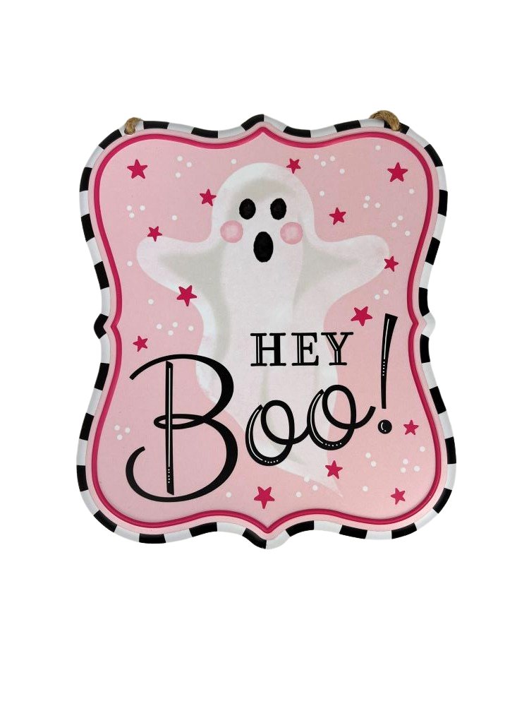 7" Metal Pink Ghost Sign: Hey Boo - MD120822 - Hey Boo - The Wreath Shop