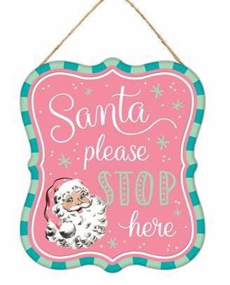 7" Tin Santa Stop Here Sign: Pink/Mint/Teal - MD1213A7 - santa stop - The Wreath Shop