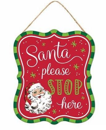 7" Tin Santa Stop Here Sign: Red/Grn/Wht - MD1213A5 santa stop - The Wreath Shop