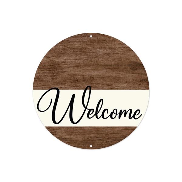 8" Metal Round Brown/Cream Wood Welcome Sign - MD0954 - The Wreath Shop