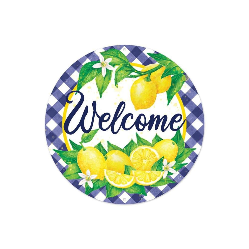 8" Metal Welcome Lemon Sign: Blue Check - MD0952 - The Wreath Shop