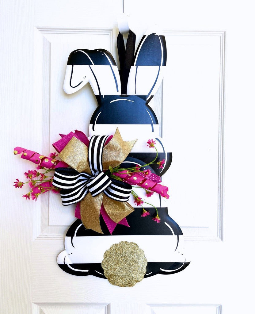 Black/White Stripe Easter Bunny Door Hanger - Stripe Bunny Hanger - The Wreath Shop