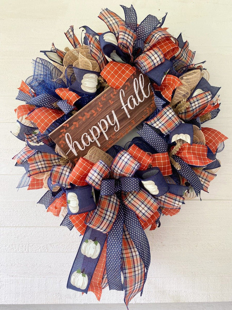 Navy/Orange Happy Fall Wreath (Example Only) - Happy Fall Wreath - The Wreath Shop
