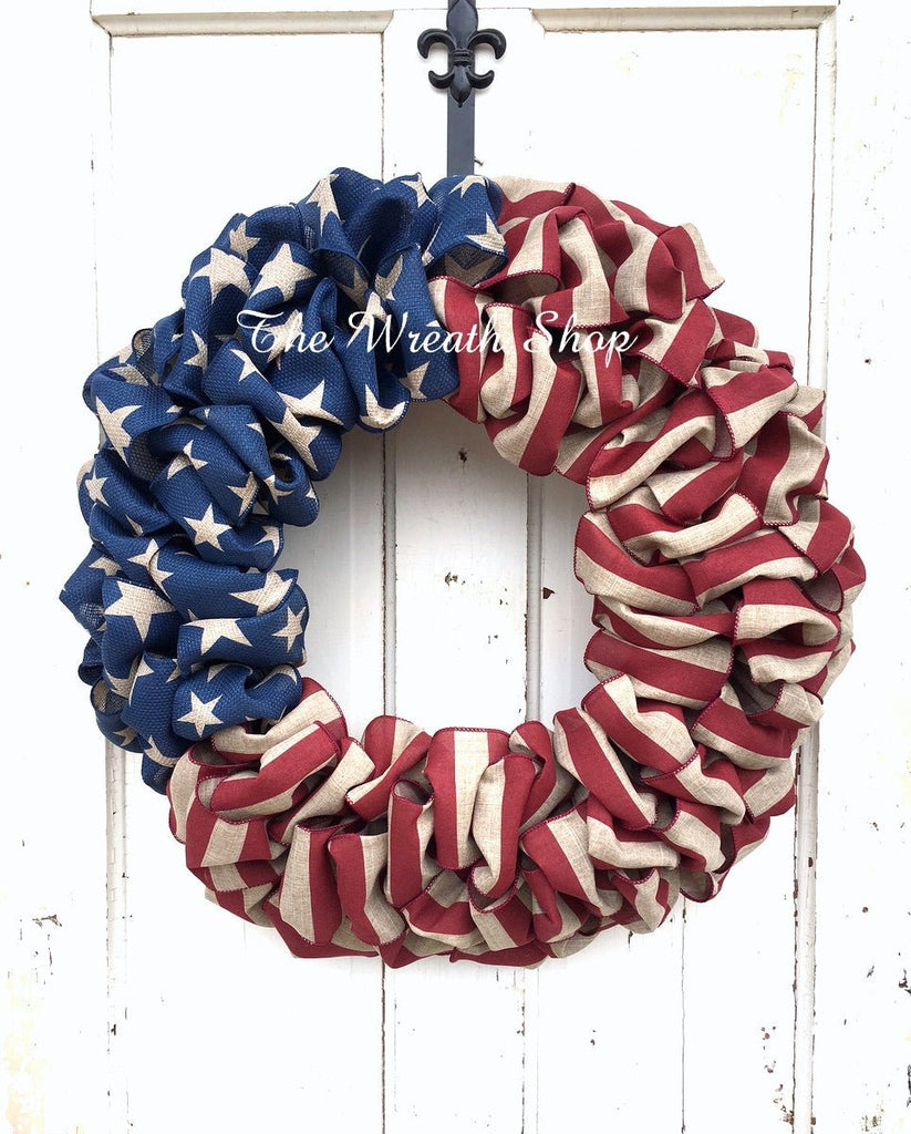 Patriotic Faux Burlap Flag Wreath (Example Only) - WRTH3167 - The Wreath Shop