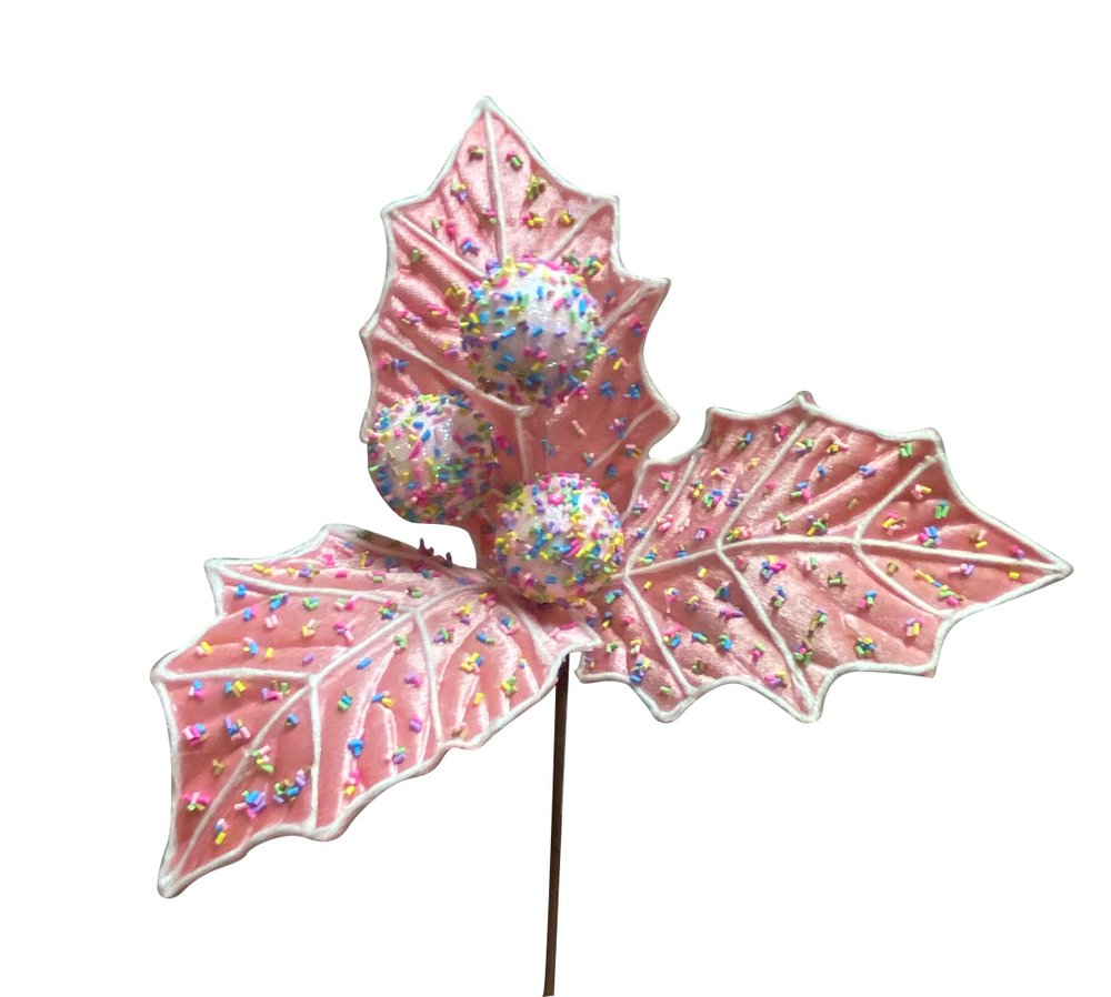 Pink Cake Pop Holly Leaf Pick - 85663PK - The Wreath Shop