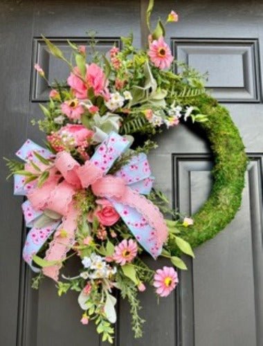 Pink Floral Moss Wreath - Free Shipping - Pink Floral Moss Wreath - The Wreath Shop