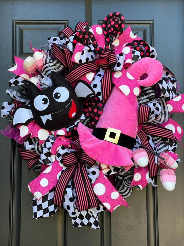 Pink/Black Witch & Bat Wreath (Example Only) - Pink/Black Wreath - The Wreath Shop