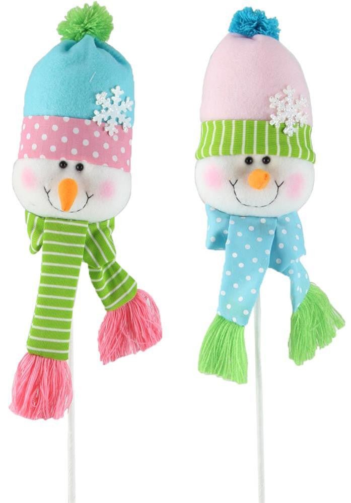 Plush Snowman Head Pick: Pink/Blue/Grn - XN6011-blue hat - The Wreath Shop