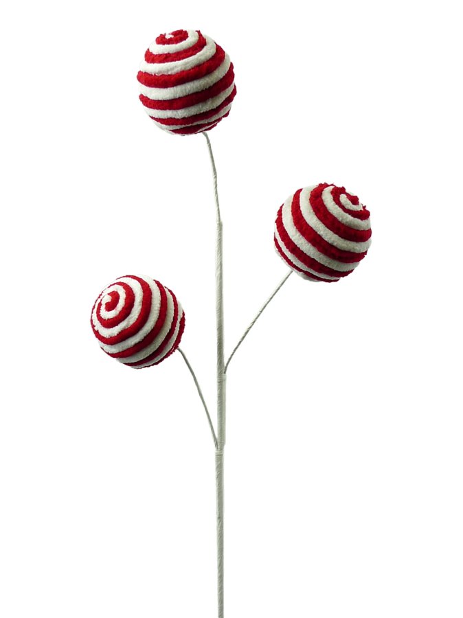 Red/White Stripe Chenille Ball Spray (3) - 84636RDWT - The Wreath Shop