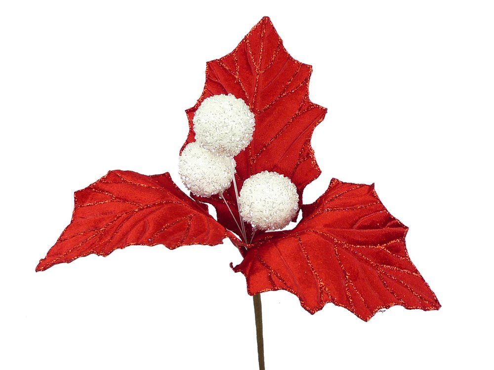 Velvet Holly Leaf w/ White Berries Pick - 84587RDWT - The Wreath Shop