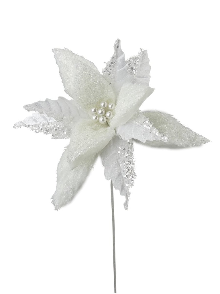 White Furry Poinsettia Stem - 84603WT - The Wreath Shop