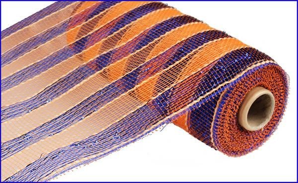 10" Deco Poly Mesh: Metallic Royal Blue and Orange Stripe - RE1316K2 - The Wreath Shop