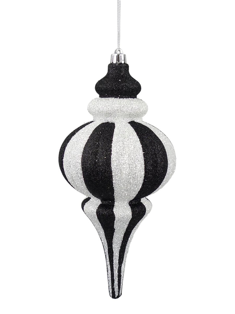10" Glitter Finial Stripe Ornament: Black/White - 84909BKWT - The Wreath Shop