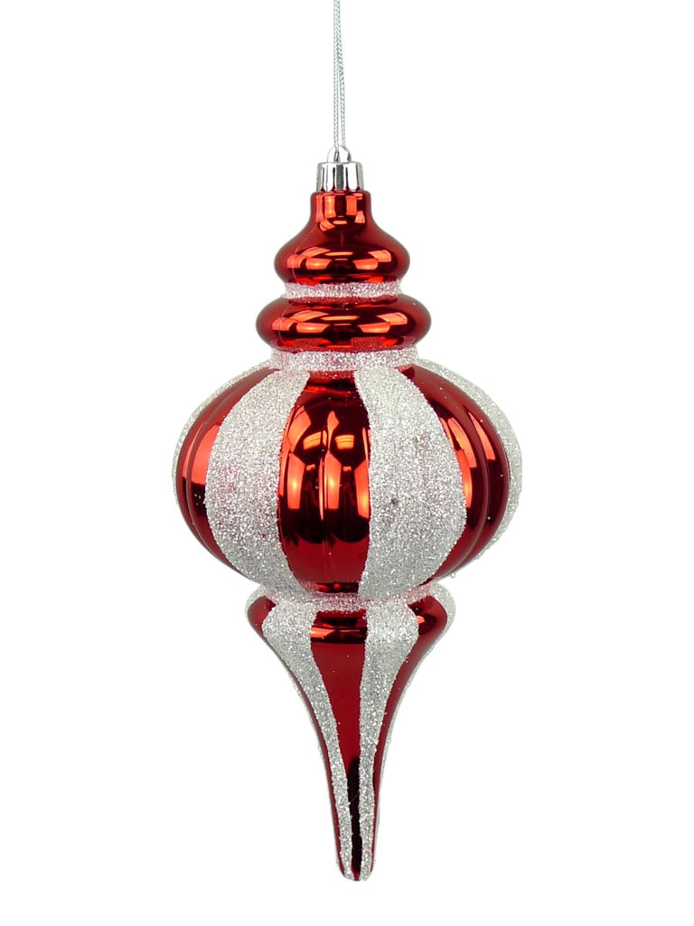 10" Glitter Finial Stripe Ornament: Red/White - 84910RDWT - The Wreath Shop