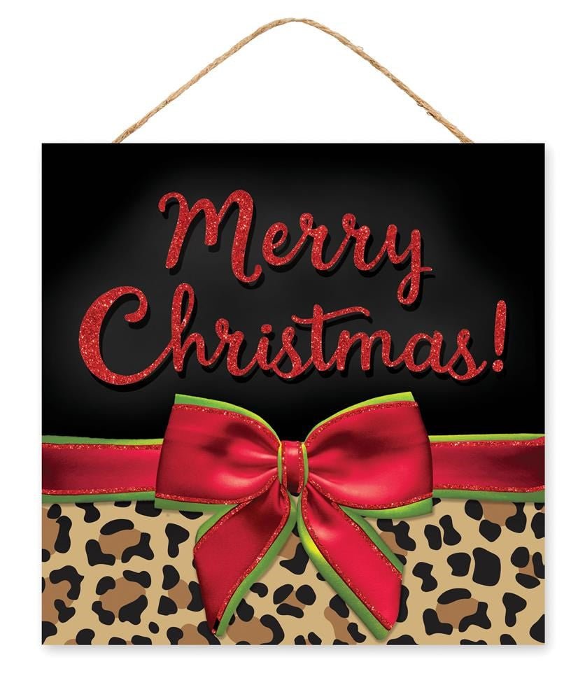 10" Sq Leopard Merry Christmas Sign w/ Bow - AP8946 - The Wreath Shop