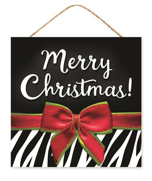 10" Sq Zebra Merry Christmas Sign w/ Bow - AP8947 - The Wreath Shop