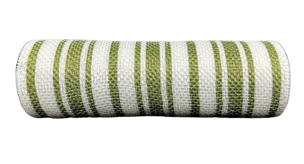 10" Ticking Stripe Fabric Mesh: White/Moss Green - XB240310-08 - The Wreath Shop
