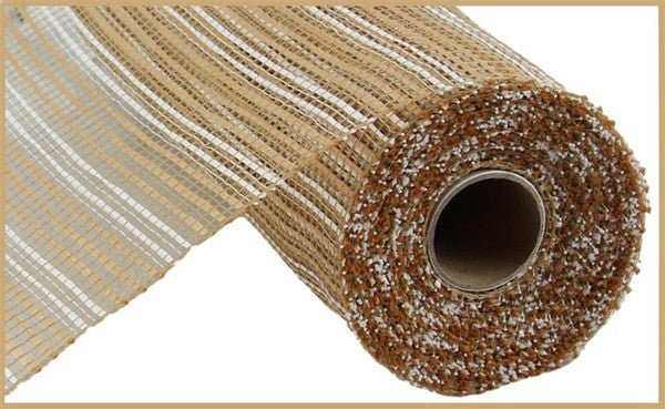 10" Wide Strip Deco Poly Mesh: Natural/White Stripes - RE8902TW - The Wreath Shop