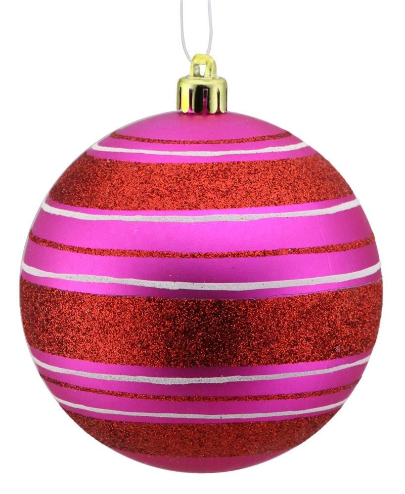 100mm Ball Ornament: Pink/Red/White Horiz Stripe - XY8894R4 - The Wreath Shop