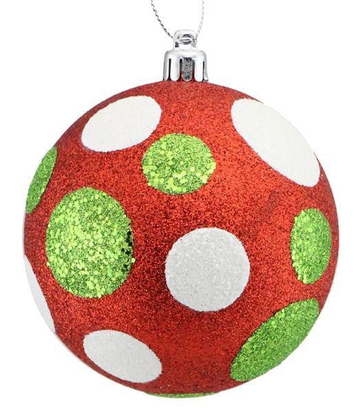 100mm Glitter Polka Dot Ball Ornament: Red/Lime Green/White - XY8917M4 - The Wreath Shop
