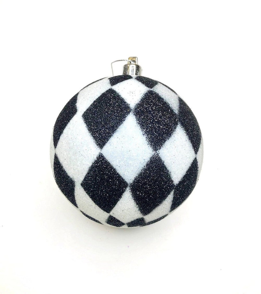 100mm Harlequin Ball Ornament: Black/White - XY8671TX - The Wreath Shop