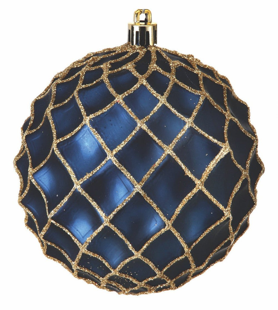 100mm Navy/Gold Glitter Net Ornament, Box of 4 - MTX57126 - The Wreath Shop