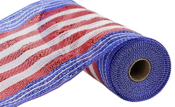 10.25" Metallic Poly/Faux Jute Mesh: Red/White Stripe w/ Blue edge - RY8034H3 - The Wreath Shop